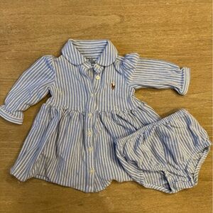 Ralph Lauren Baby Blue Striped Oxford Dress with Matching Bloomers